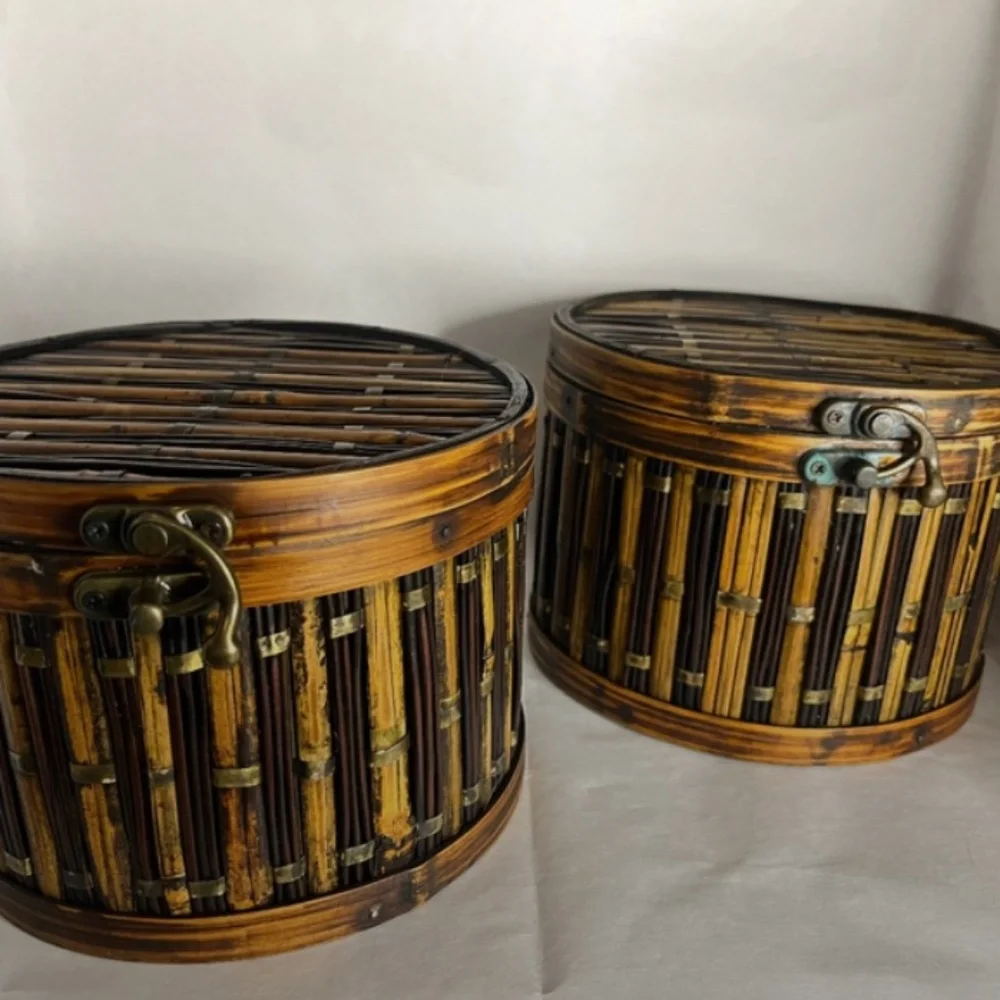 2 Vintage Basket Weave Ratan Wicker Container Woven Storage Organizer with Lid